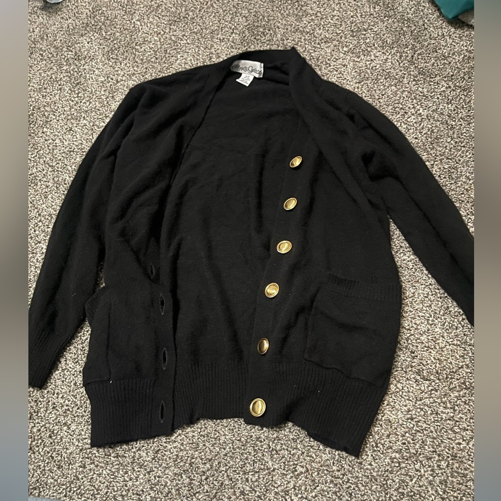 New Alexa Grace Black with Gold Buttons Long Sleeve Cashmere Cardigan Sweater M